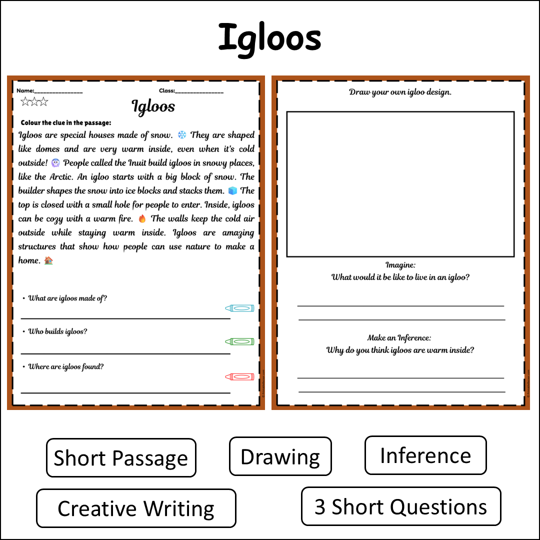 Igloos | Short Reading Comprehension Creative Worksheet