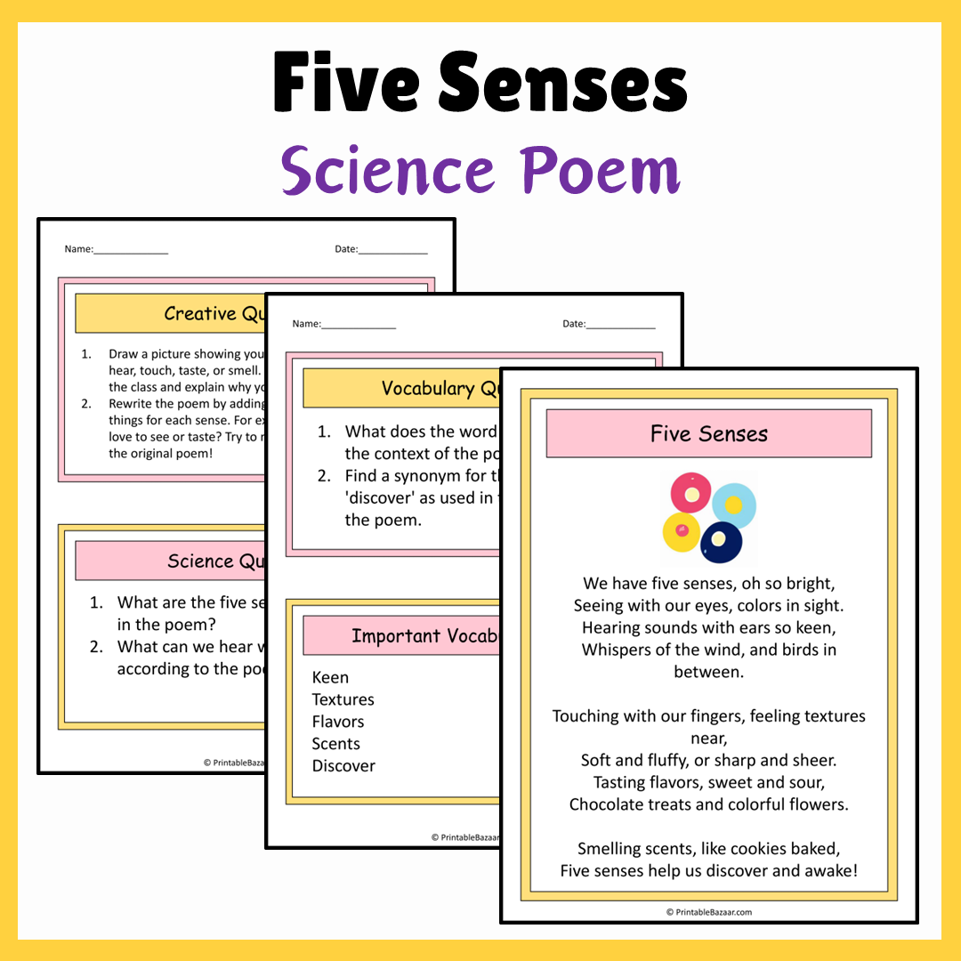 Five Senses | Science Poem Reading Comprehension Activity