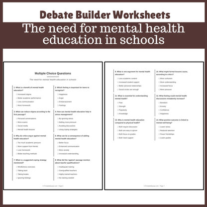 The need for mental health education in schools | Favour and Against Worksheet Printable Activity