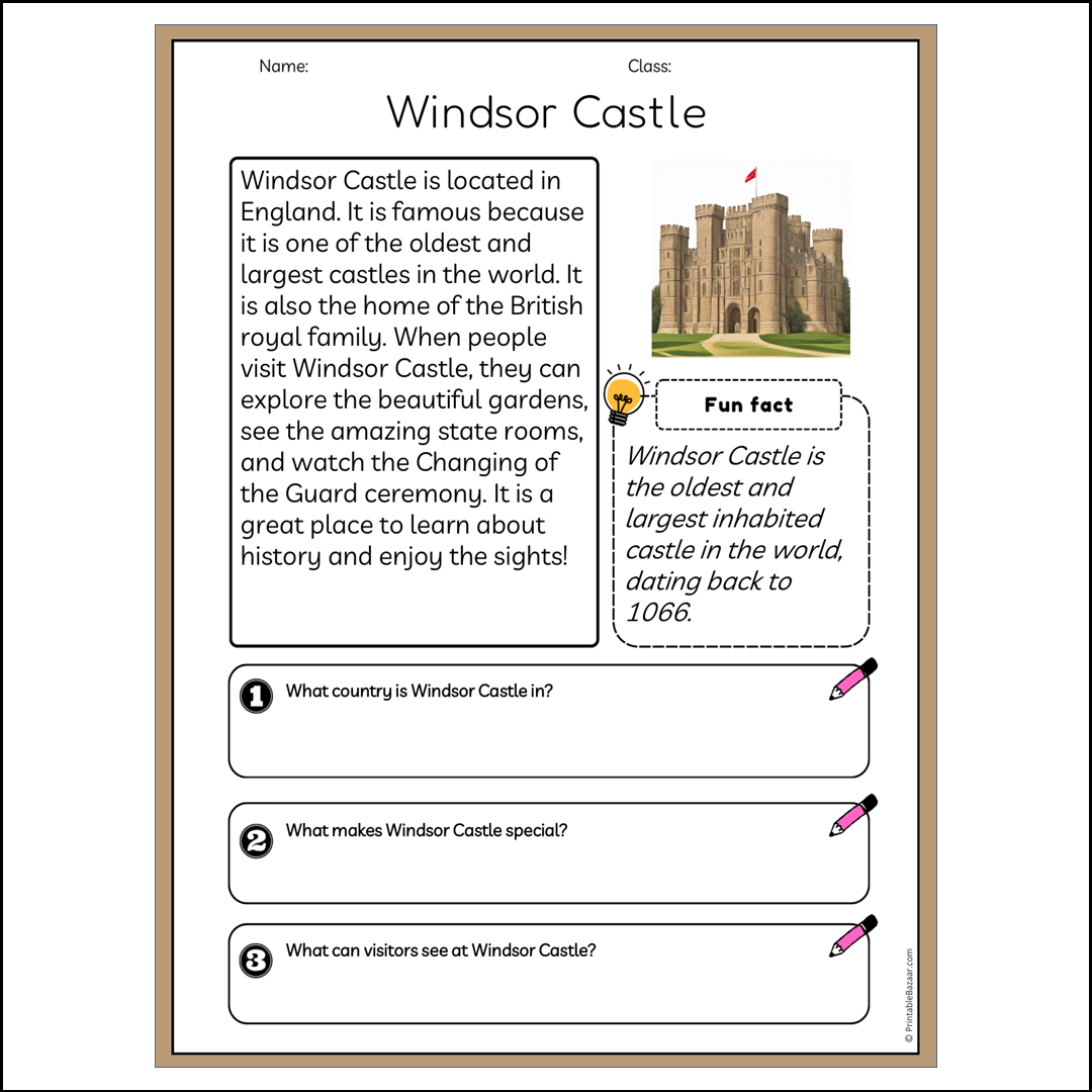 Windsor Castle | Reading Passage Comprehension Questions Writing Facts Worksheet