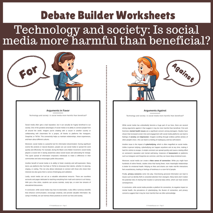 Technology and society: Is social media more harmful than beneficial? | Favour and Against Worksheet Printable Activity