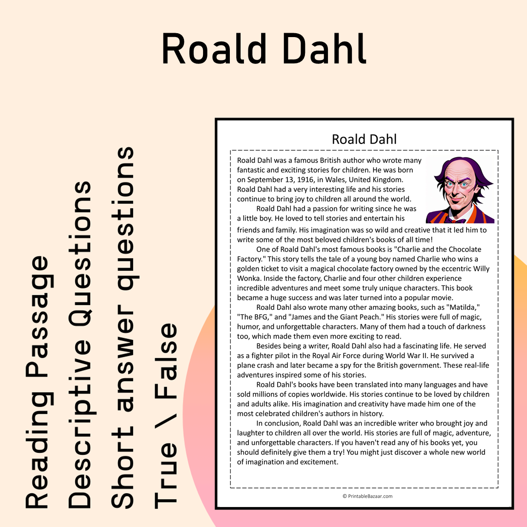 Roald Dahl | Reading Comprehension Passage Printable Activity