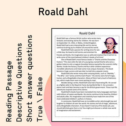 Roald Dahl | Reading Comprehension Passage Printable Activity