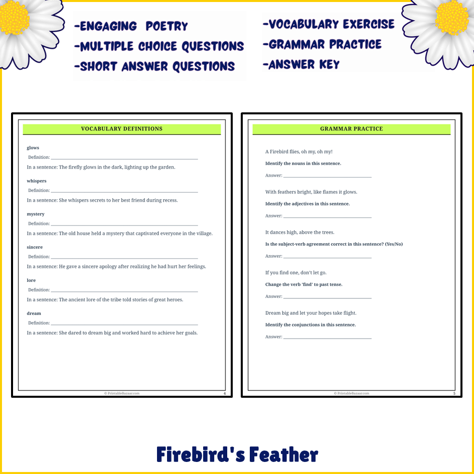 Firebird's Feather | Poem Grammar Worksheet Printable Activity