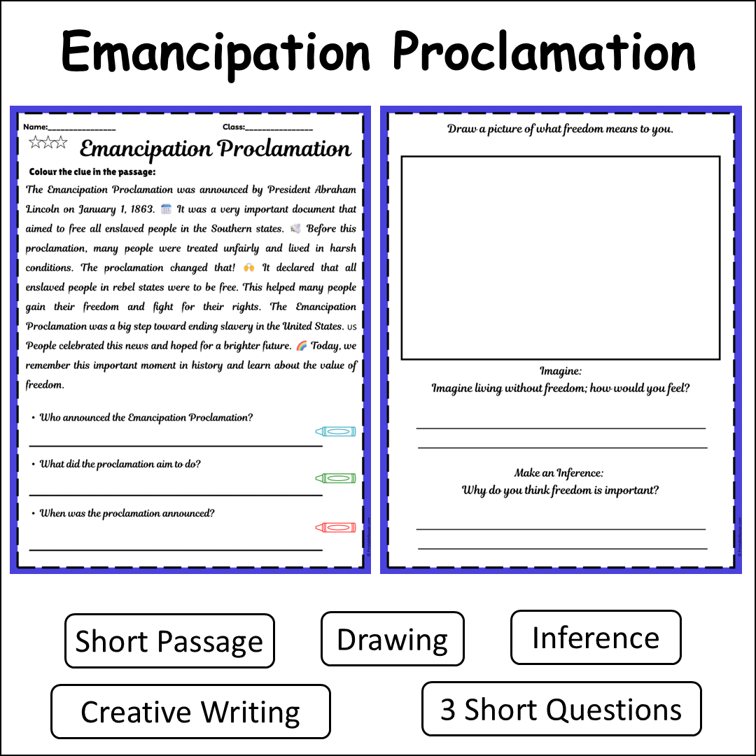 Emancipation Proclamation | Short Reading Comprehension Creative Worksheet