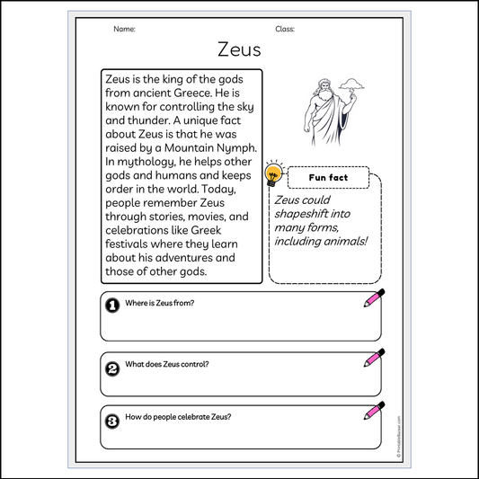 Zeus | Reading Passage Comprehension Questions Writing Facts Worksheet