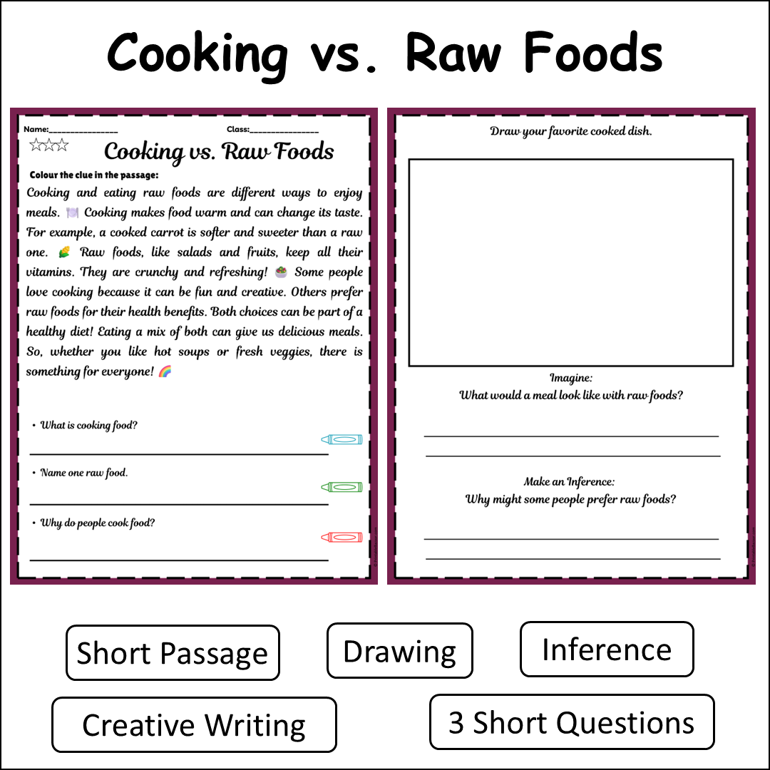 Cooking vs. Raw Foods | Short Reading Comprehension Creative Worksheet