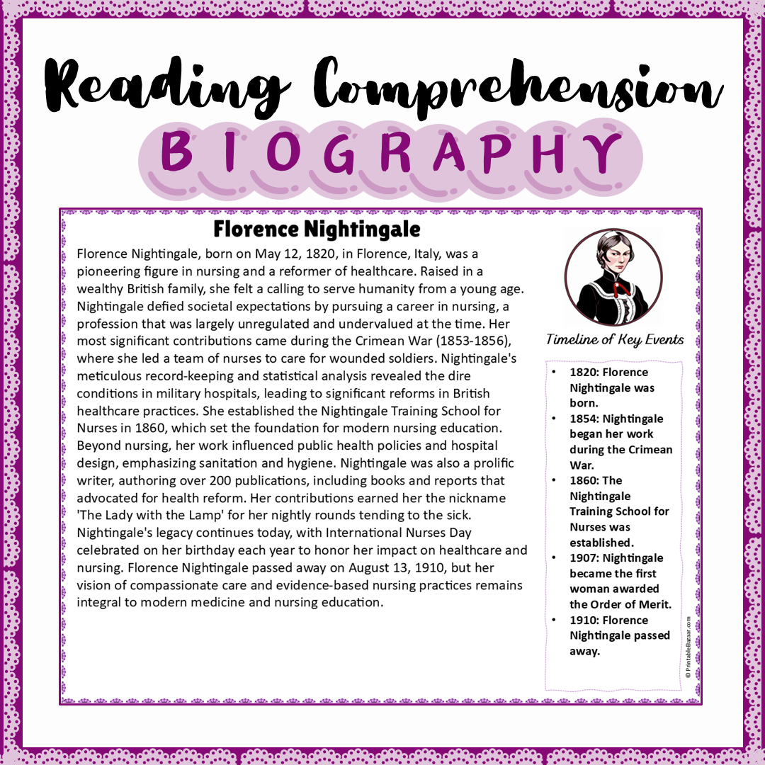 Florence Nightingale | Biography Reading Comprehension and Questions Worksheet