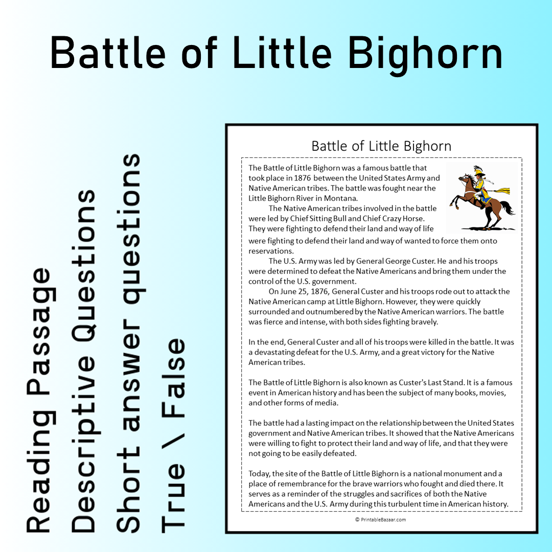 Battle of Little Bighorn | Reading Comprehension Passage Printable Worksheet