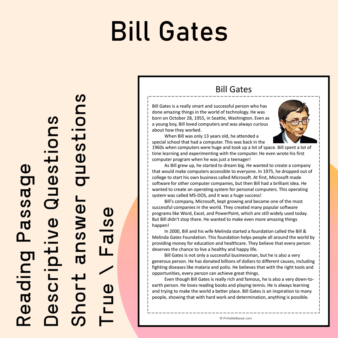 Bill Gates | Reading Comprehension Passage Printable Activity
