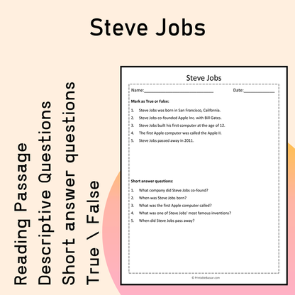 Steve Jobs | Reading Comprehension Passage Printable Activity
