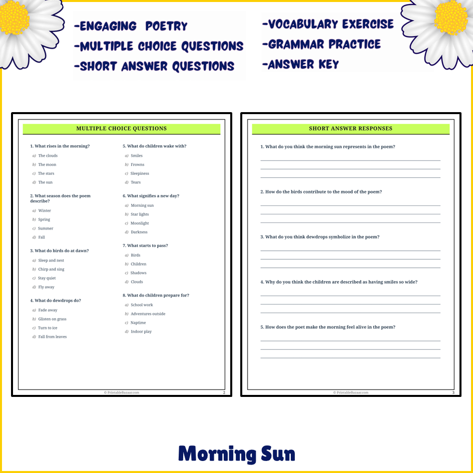 Morning Sun | Poem Grammar Worksheet Printable Activity