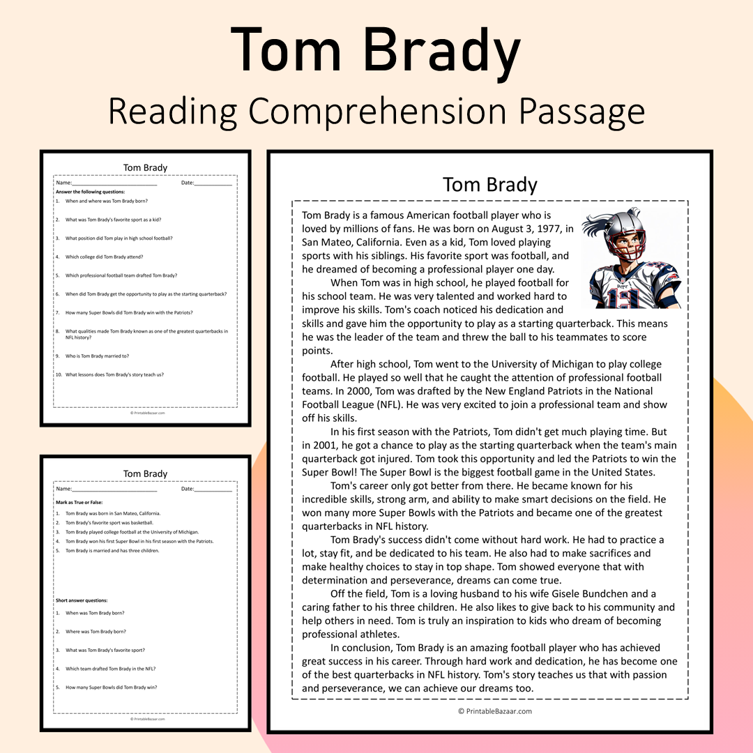 Tom Brady | Reading Comprehension Passage Printable Activity