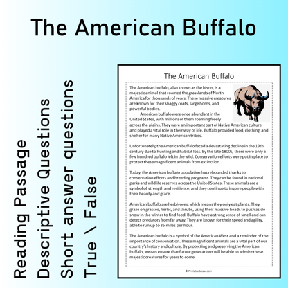 The American Buffalo | Reading Comprehension Passage Printable Worksheet