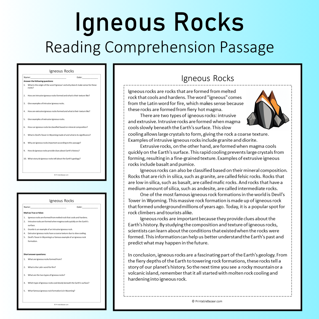 Igneous Rocks | Reading Comprehension Passage Printable Worksheet