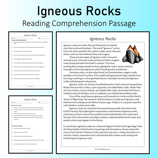 Igneous Rocks | Reading Comprehension Passage Printable Worksheet