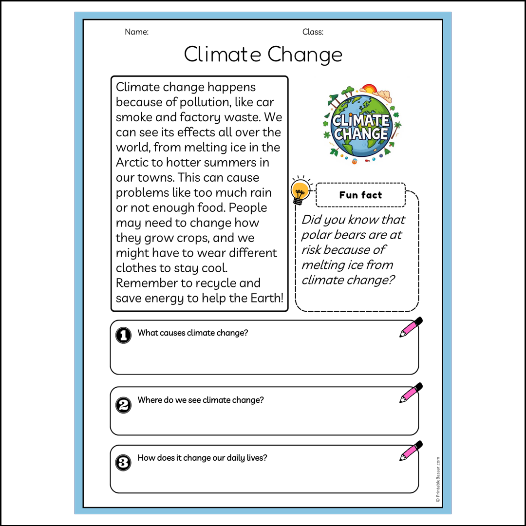 Climate Change | Reading Passage Comprehension Questions Writing Facts Worksheet