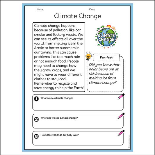 Climate Change | Reading Passage Comprehension Questions Writing Facts Worksheet