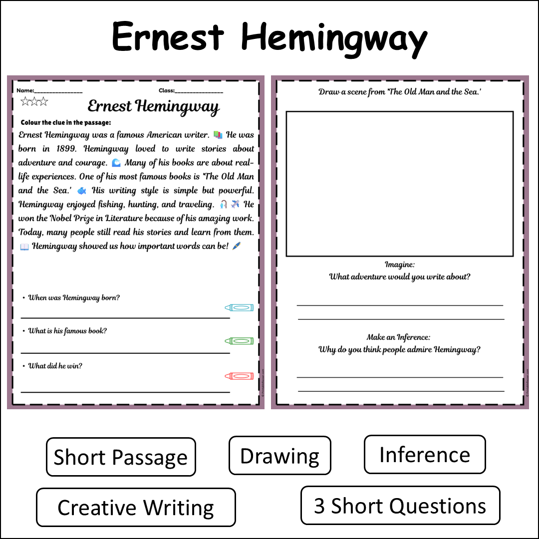 Ernest Hemingway | Short Reading Comprehension Creative Worksheet