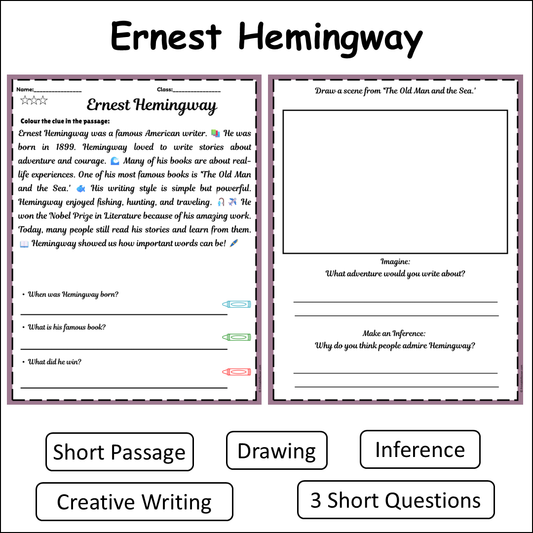 Ernest Hemingway | Short Reading Comprehension Creative Worksheet