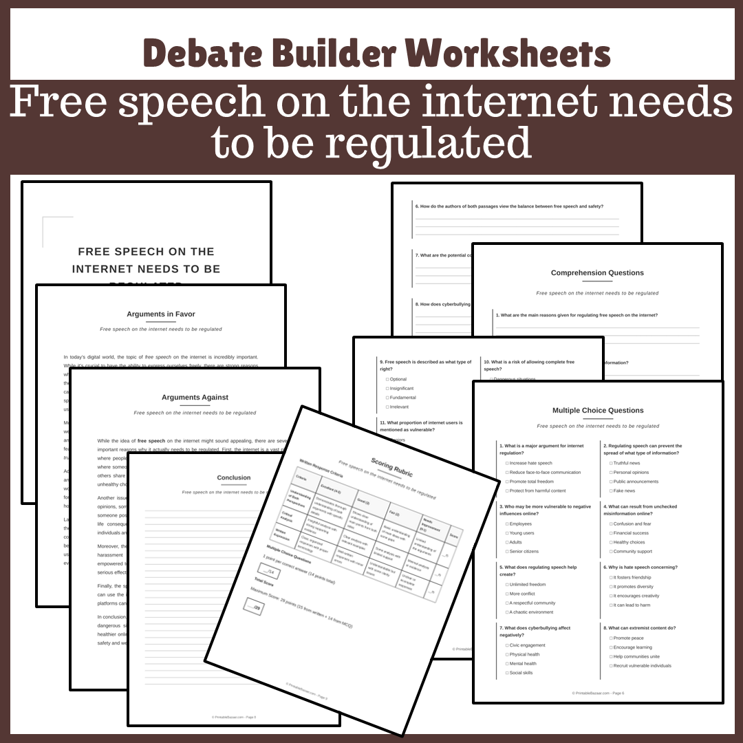 Free speech on the internet needs to be regulated | Favour and Against Worksheet Printable Activity