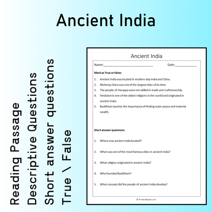 Ancient India | Reading Comprehension Passage Printable Worksheet