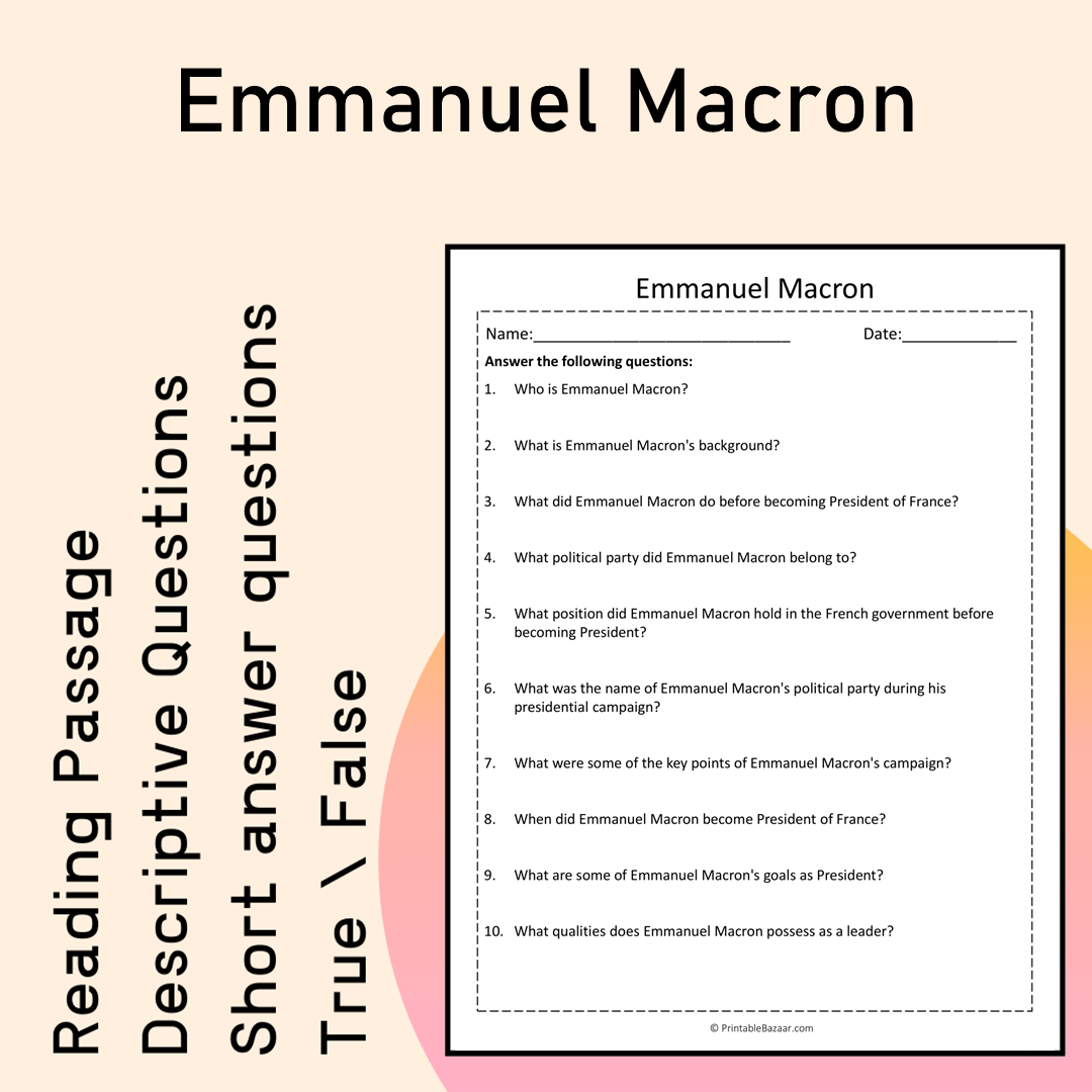 Emmanuel Macron | Reading Comprehension Passage Printable Activity