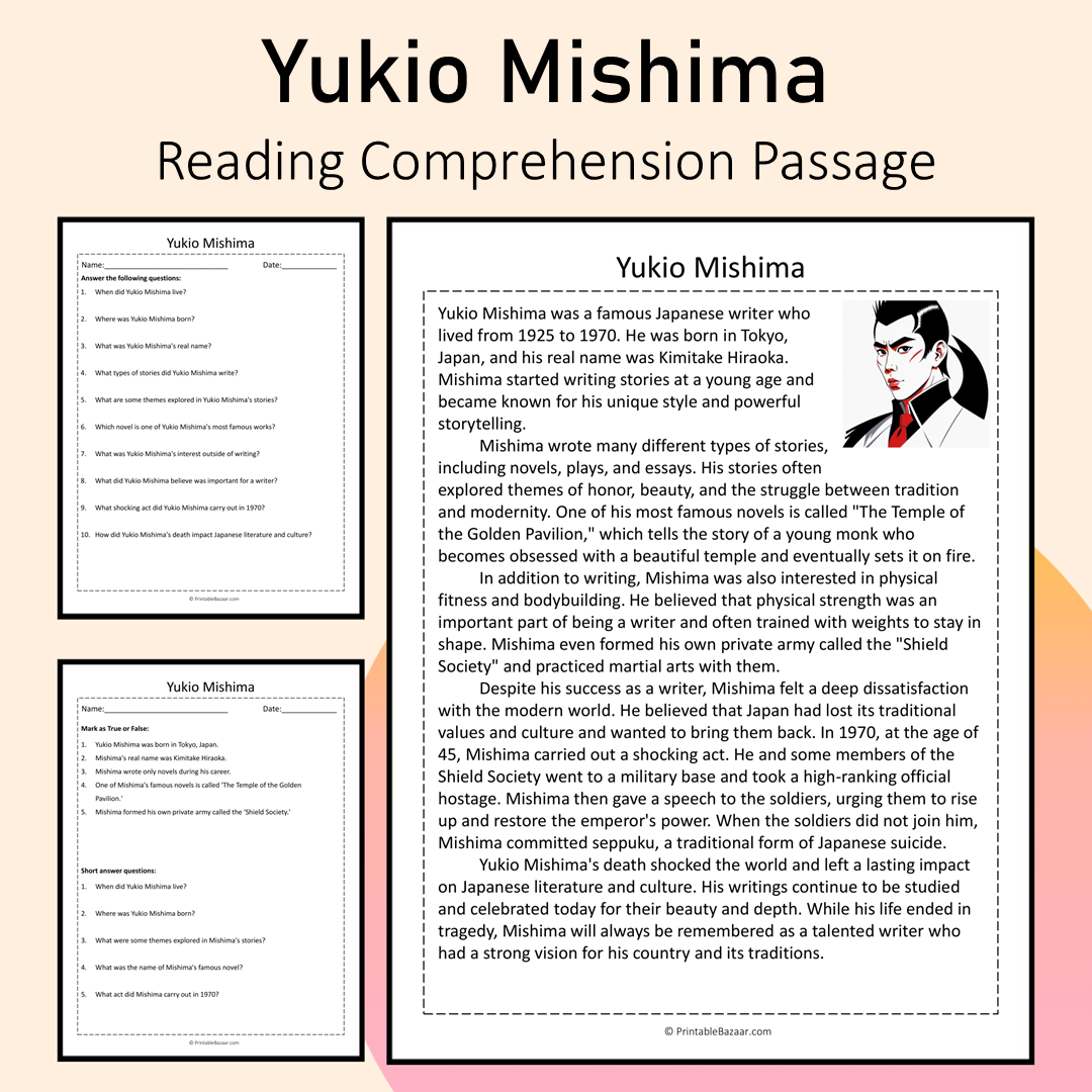 Yukio Mishima | Reading Comprehension Passage Printable Activity