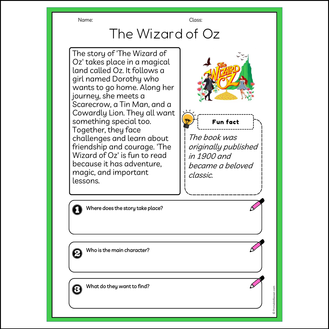 The Wizard of Oz | Reading Passage Comprehension Questions Writing Facts Worksheet