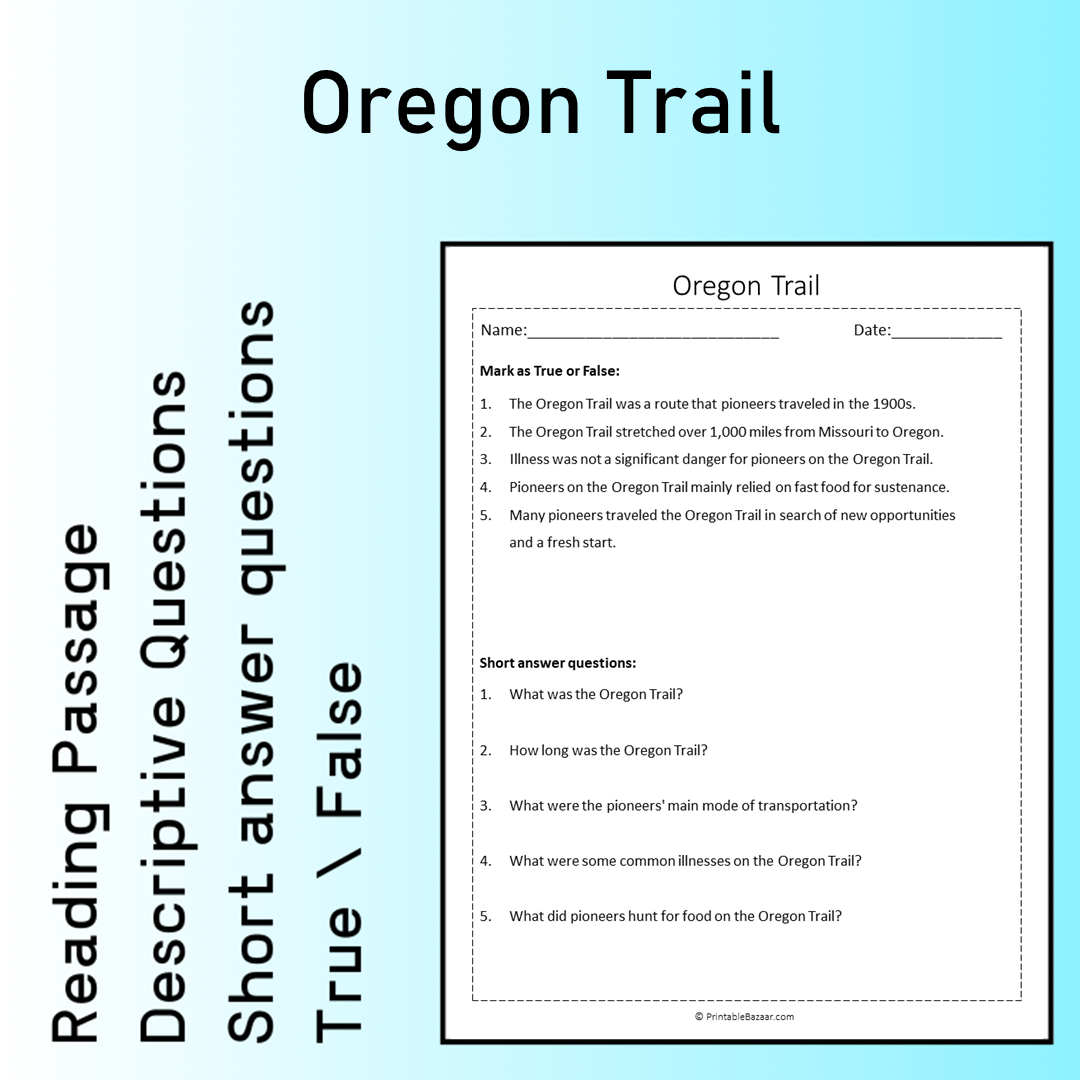Oregon Trail | Reading Comprehension Passage Printable Worksheet