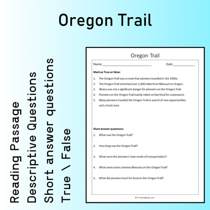 Oregon Trail | Reading Comprehension Passage Printable Worksheet