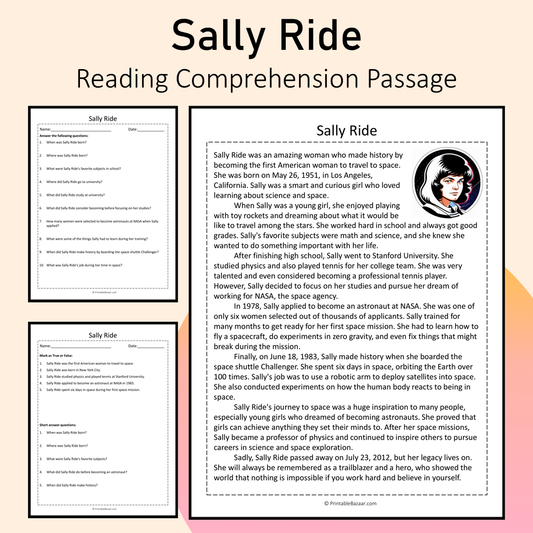 Sally Ride | Reading Comprehension Passage Printable Activity