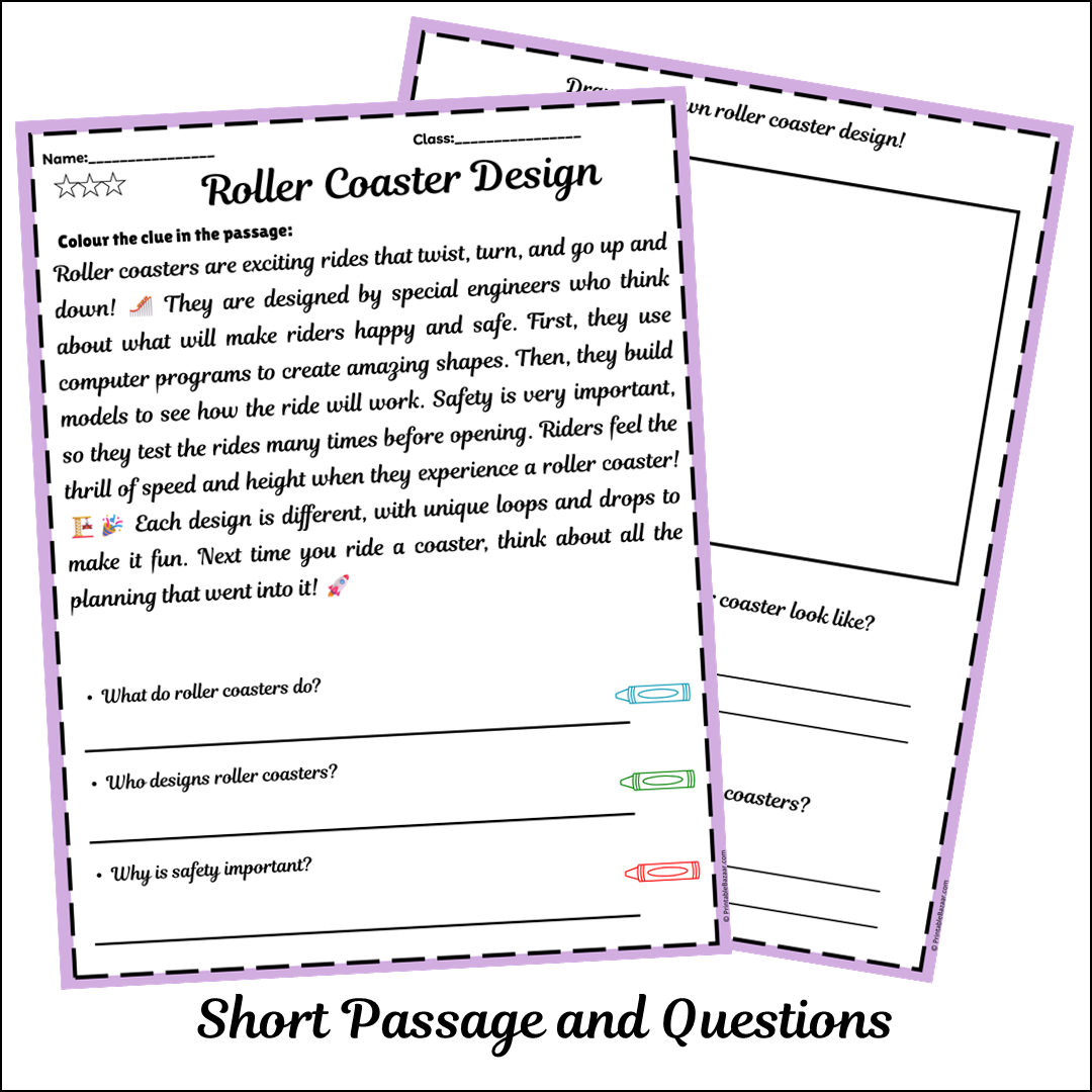Roller Coaster Design | Short Reading Comprehension Creative Worksheet
