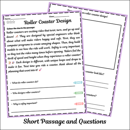Roller Coaster Design | Short Reading Comprehension Creative Worksheet