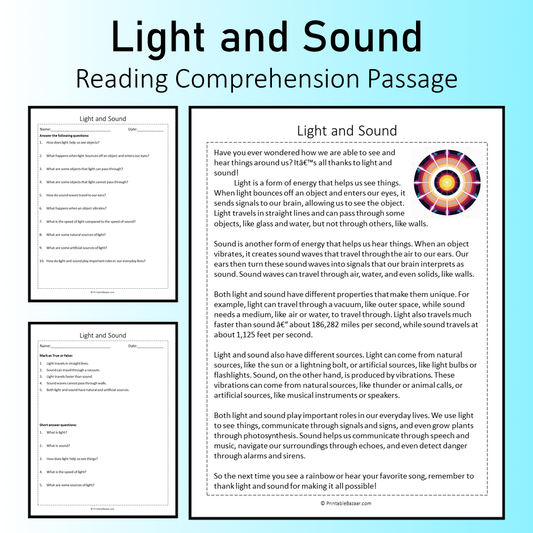 Light and Sound | Reading Comprehension Passage Printable Worksheet