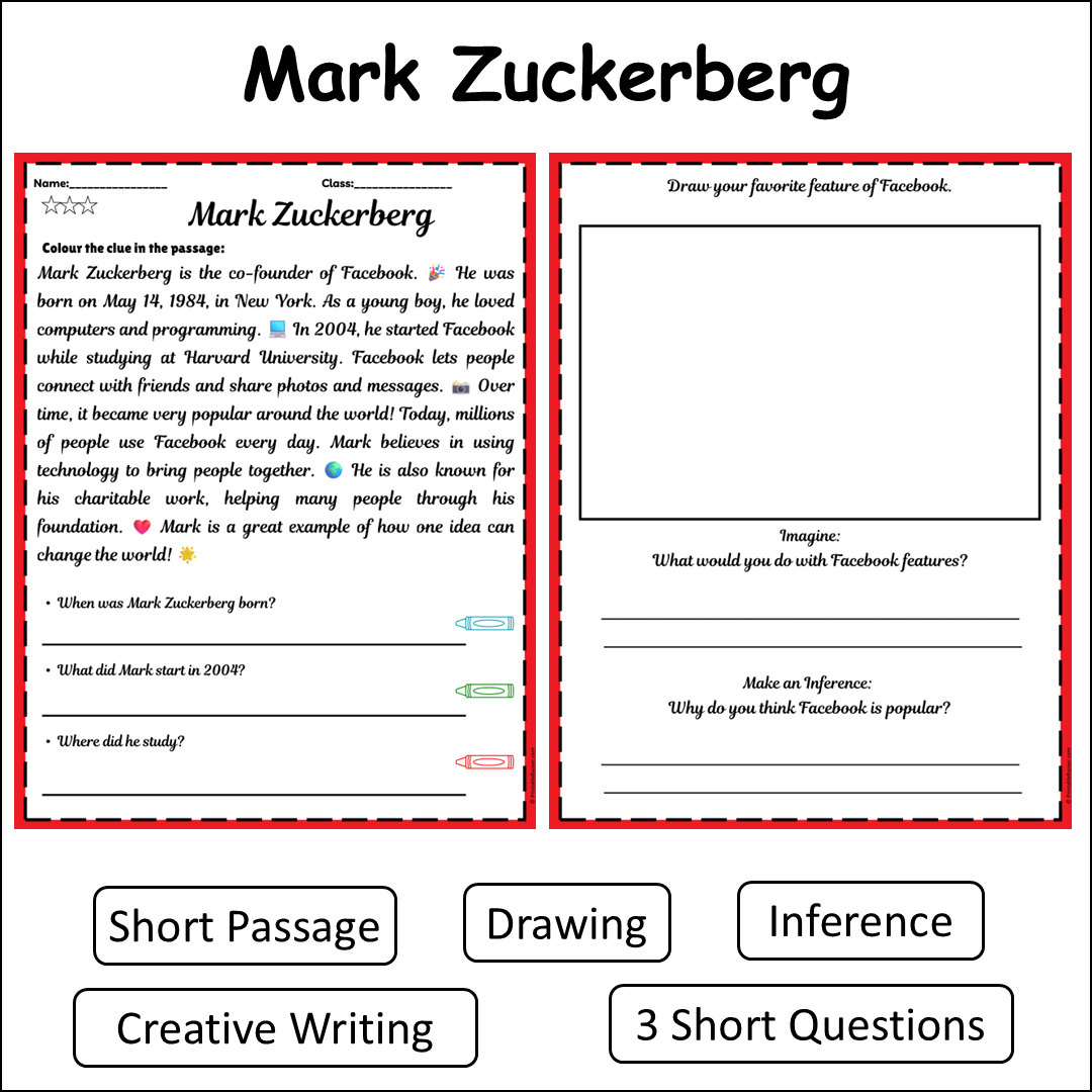 Mark Zuckerberg | Short Reading Comprehension Creative Worksheet