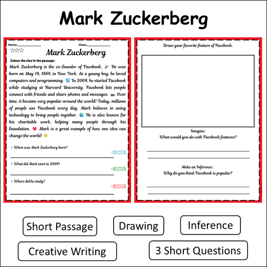 Mark Zuckerberg | Short Reading Comprehension Creative Worksheet