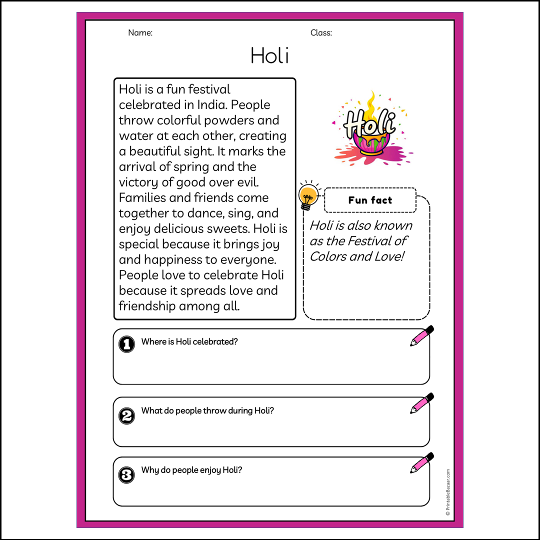 Holi | Reading Passage Comprehension Questions Writing Facts Worksheet