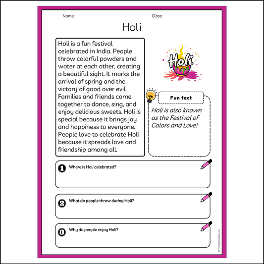 Holi | Reading Passage Comprehension Questions Writing Facts Worksheet