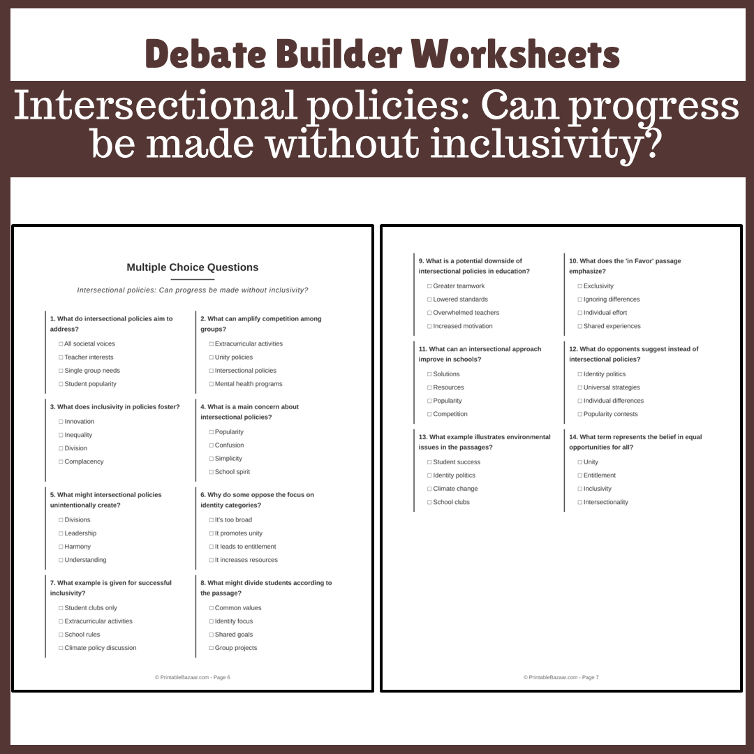 Intersectional policies: Can progress be made without inclusivity? | Favour and Against Worksheet Printable Activity