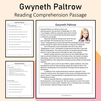 Gwyneth Paltrow | Reading Comprehension Passage Printable Activity