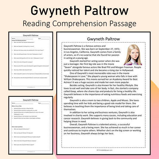 Gwyneth Paltrow | Reading Comprehension Passage Printable Activity
