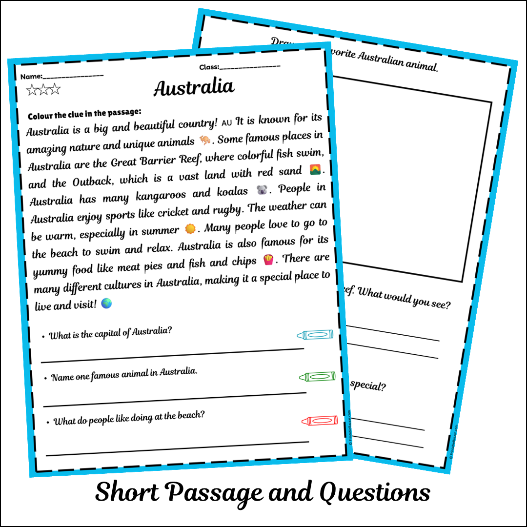 Australia | Short Reading Comprehension Creative Worksheet