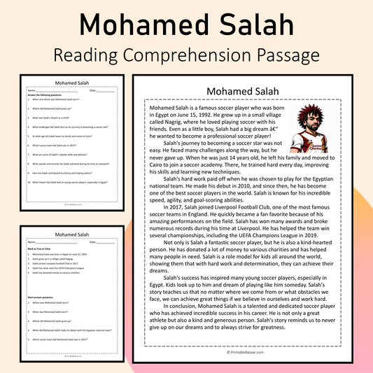 Mohamed Salah | Reading Comprehension Passage Printable Activity