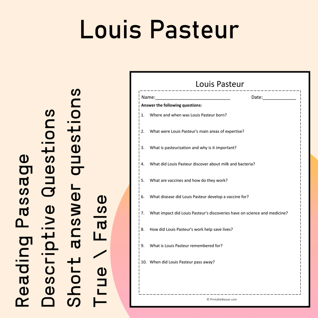 Louis Pasteur | Reading Comprehension Passage Printable Activity