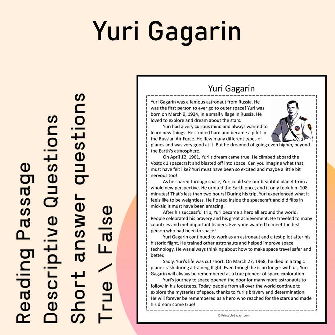 Yuri Gagarin | Reading Comprehension Passage Printable Activity