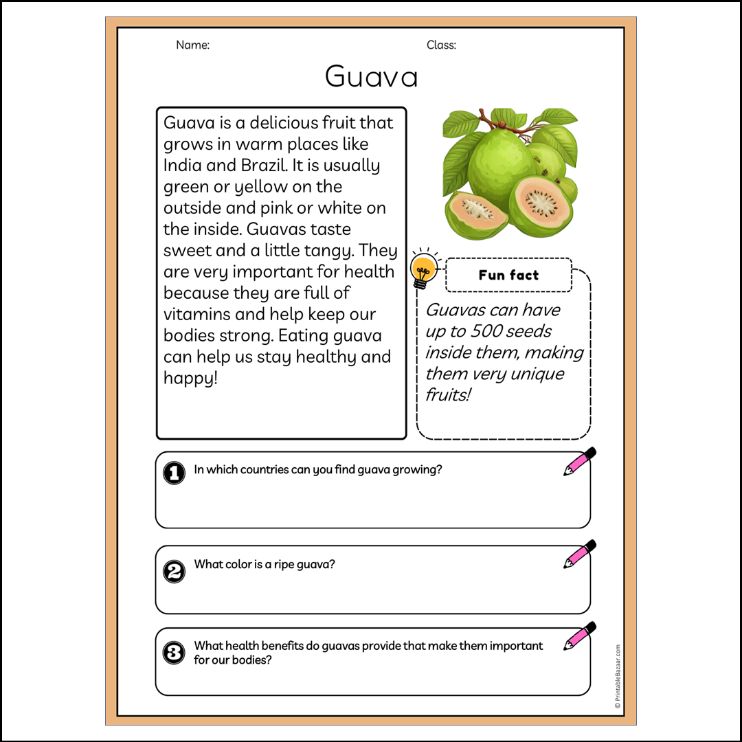 Guava | Reading Passage Comprehension Questions Writing Facts Worksheet