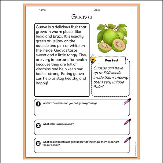 Guava | Reading Passage Comprehension Questions Writing Facts Worksheet