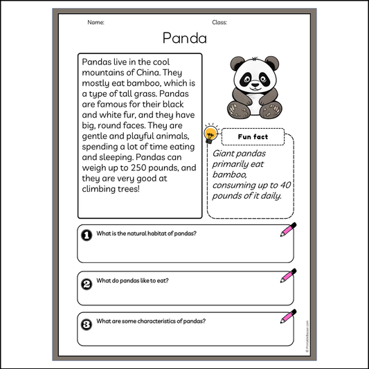 Panda | Reading Passage Comprehension Questions Writing Facts Worksheet