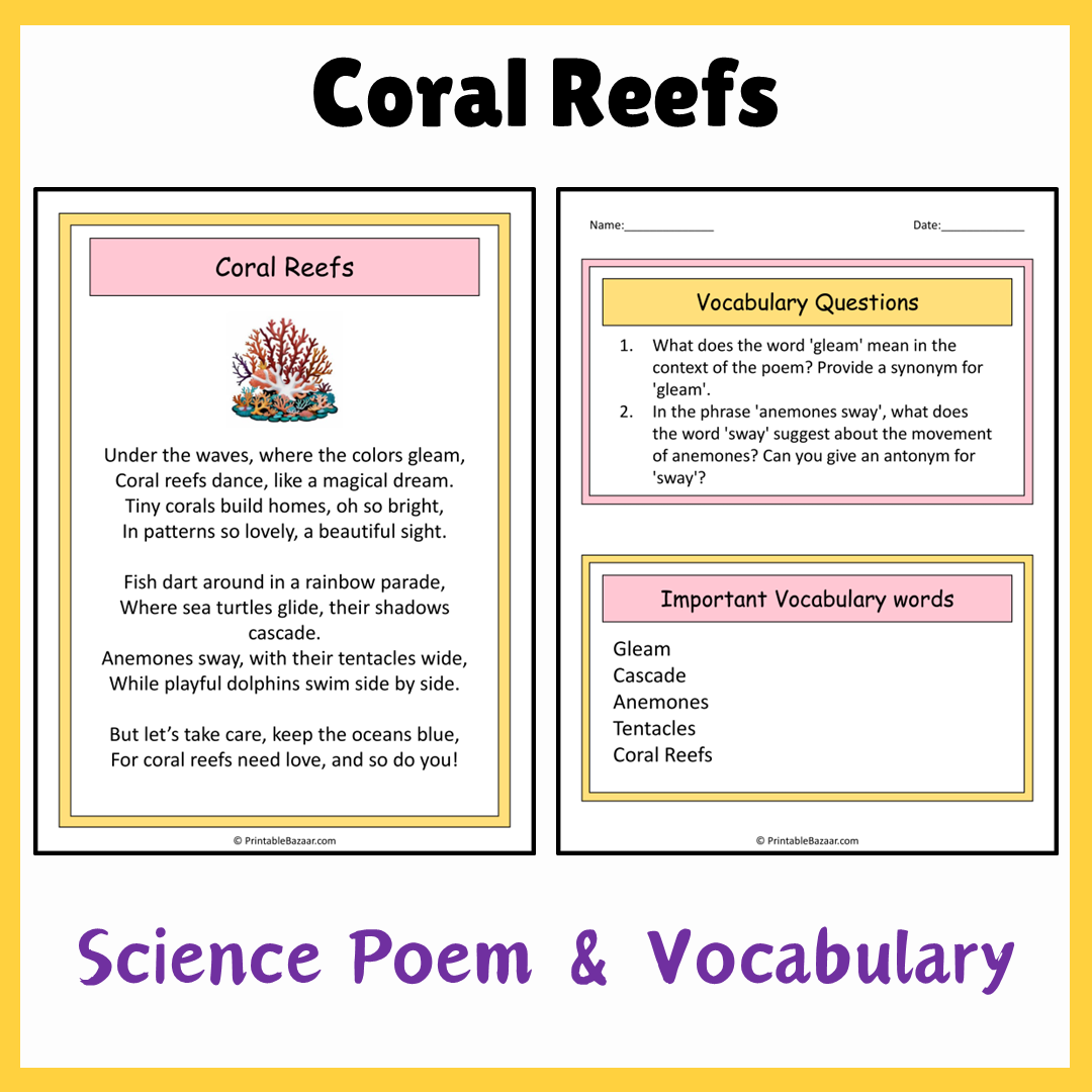 Coral Reefs | Science Poem Reading Comprehension Activity